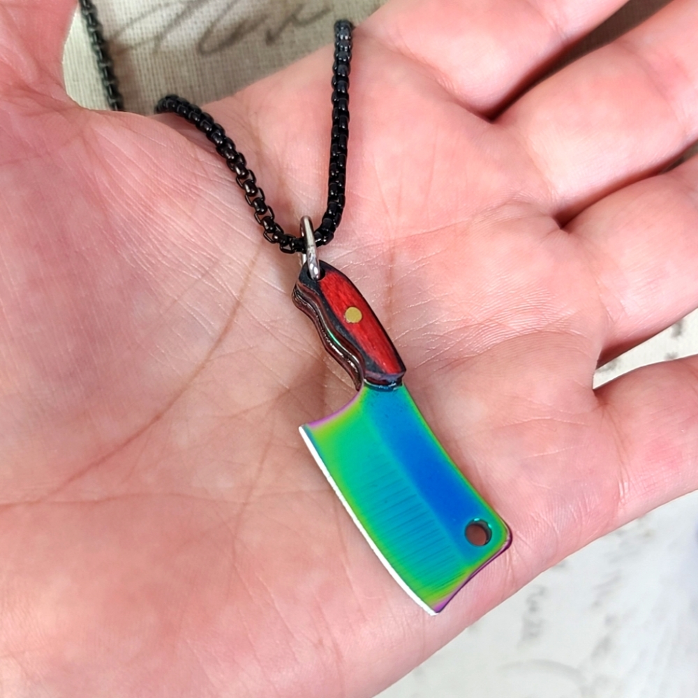 Hatchet Cleaver Wood Butcher Knife Iridescent Rainbow Necklace Wood
